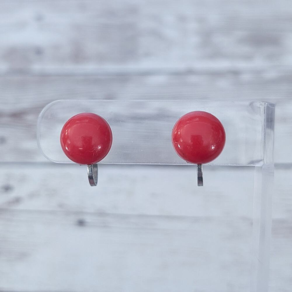 Vintage Screw Back Earrings Small Red 0.5" Domed Retro